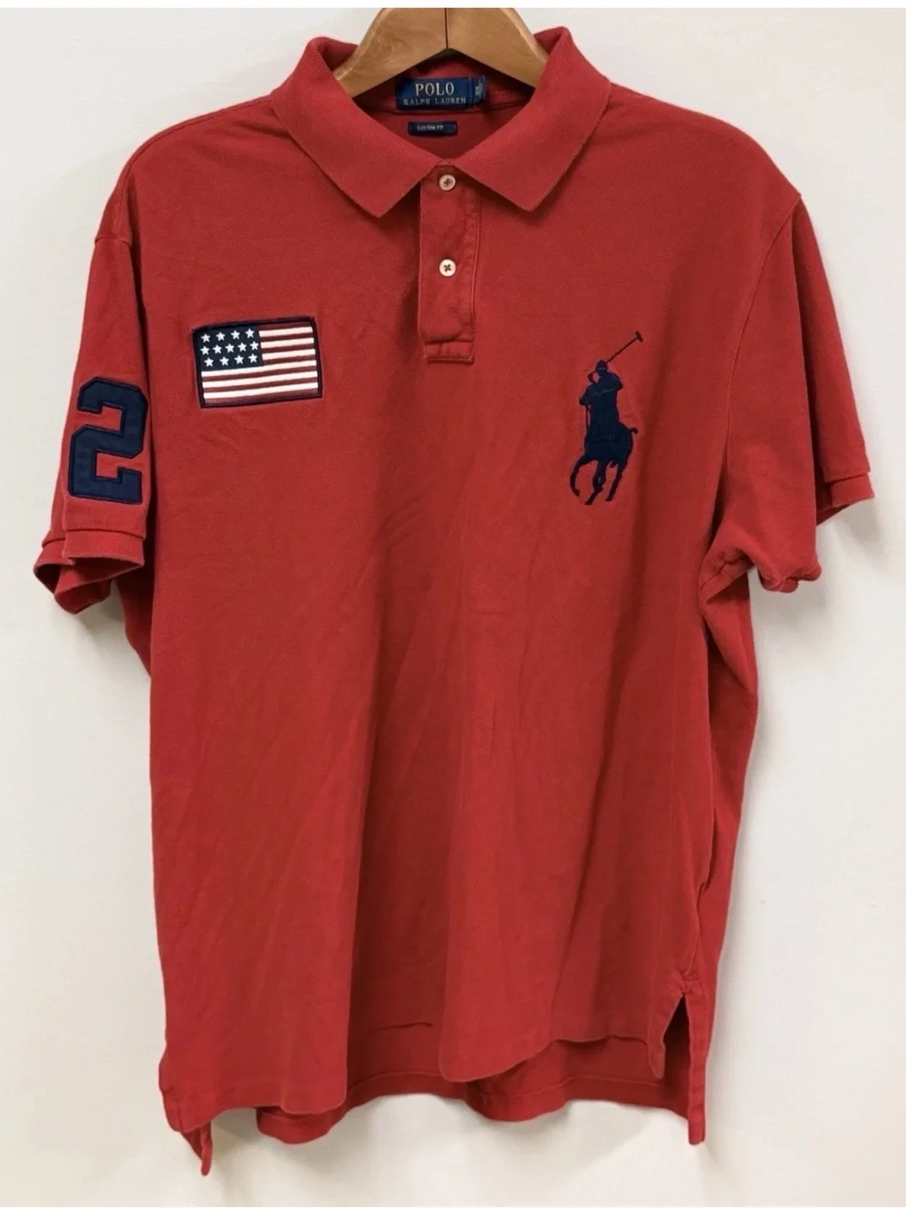 Polo Ralph Lauren Red Big Pony Polo Shirt USA Flag Patch Number 2 Mens Size XXL